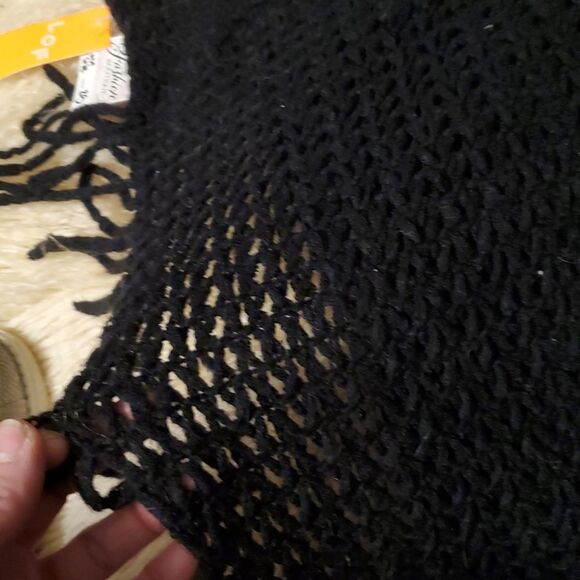 Black Knit Poncho with Fringe Cloaked Rowana Poncho - Black - Picture 6 of 9